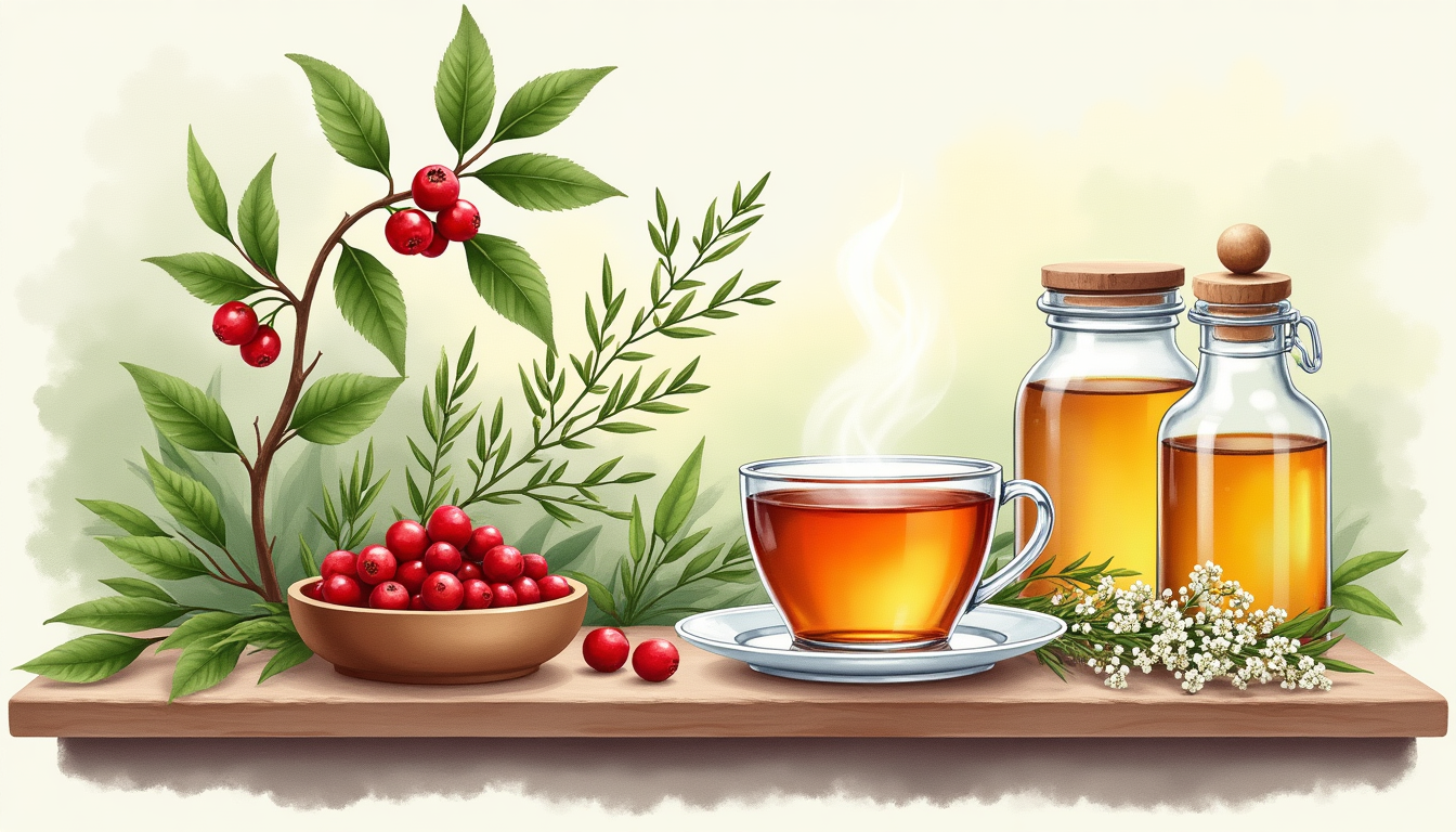 Herbal remedies for cystitis including bearberry, buchu, and cranberry