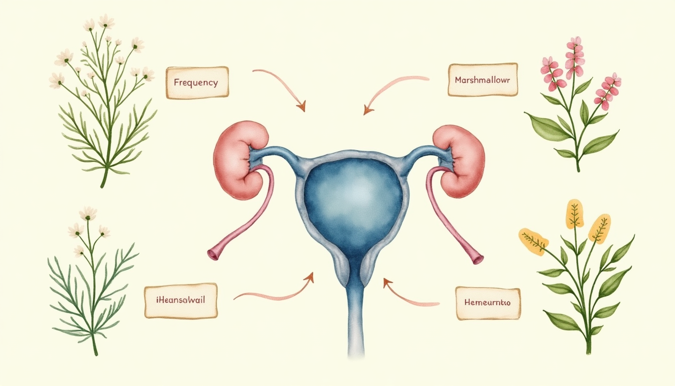 Diagram of urinary system symptoms and herbal approaches
