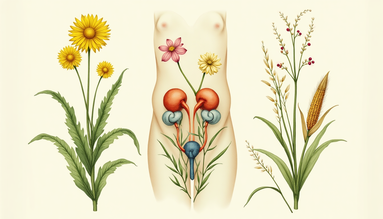 Botanical illustration of urinary system herbs including dandelion and bearberry