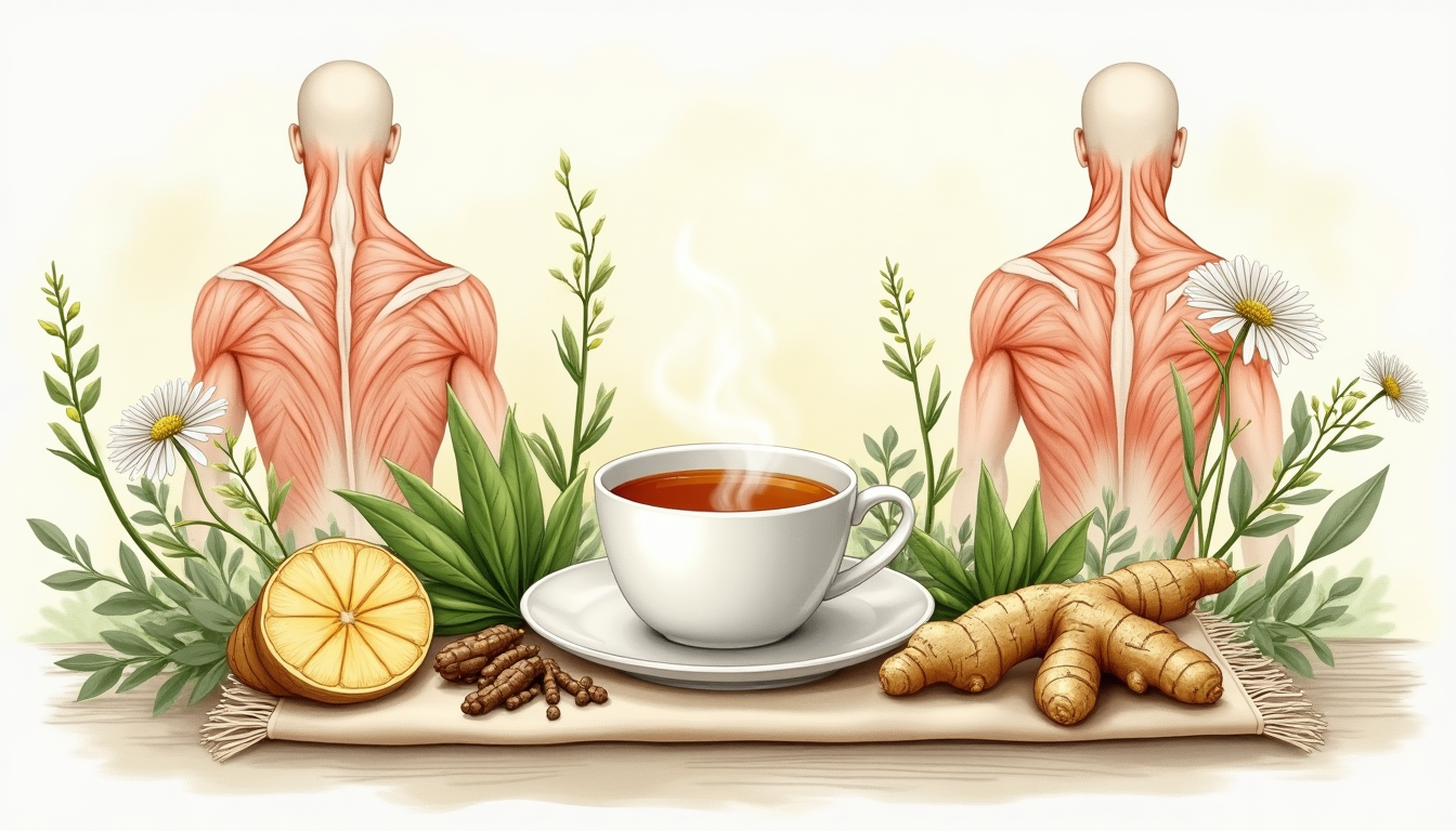 Botanical illustration of herbs for myalgia treatment