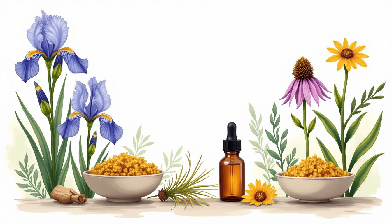 Botanical illustration of herbs for acne treatment