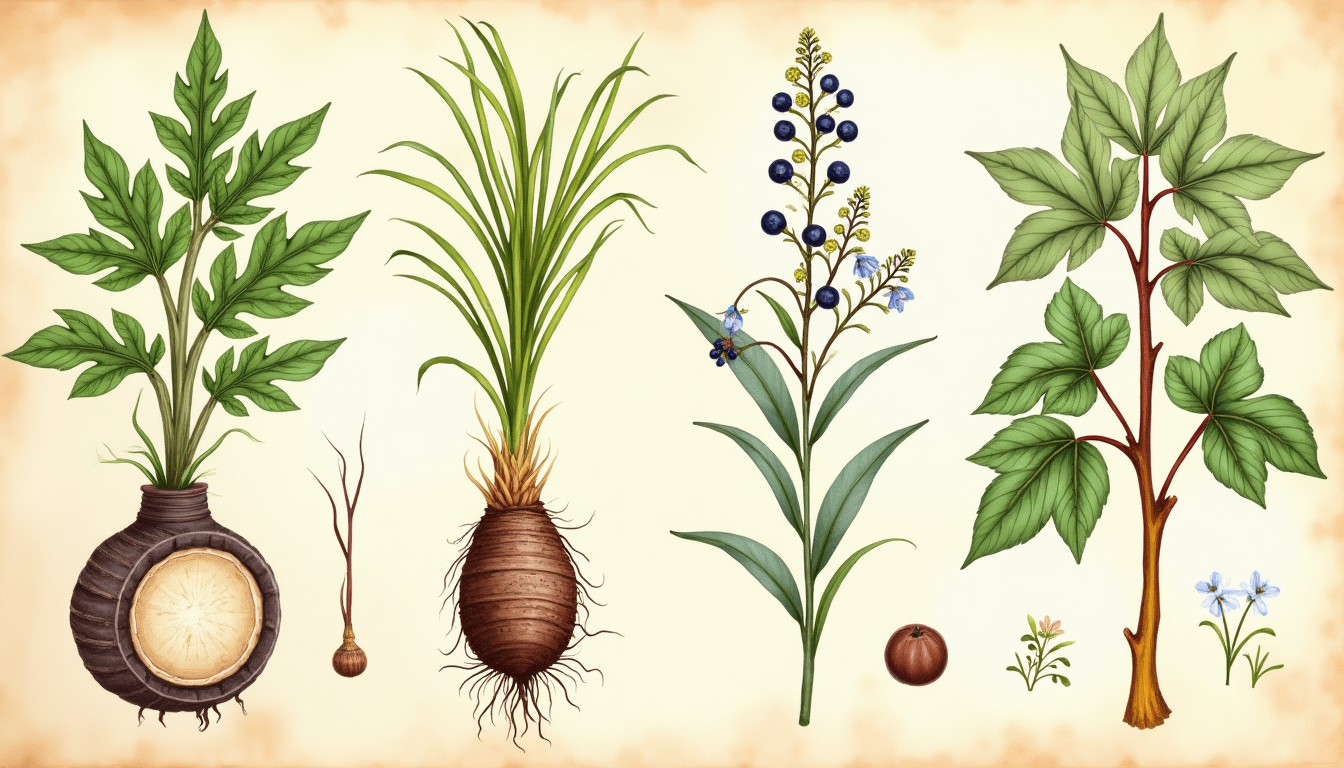 Botanical illustration of herbs for psoriasis treatment