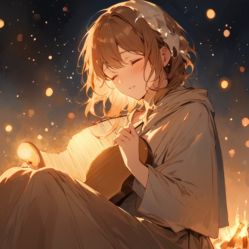 An ancient poet with a lyre under a starry sky, glowing lights swirling around like music.