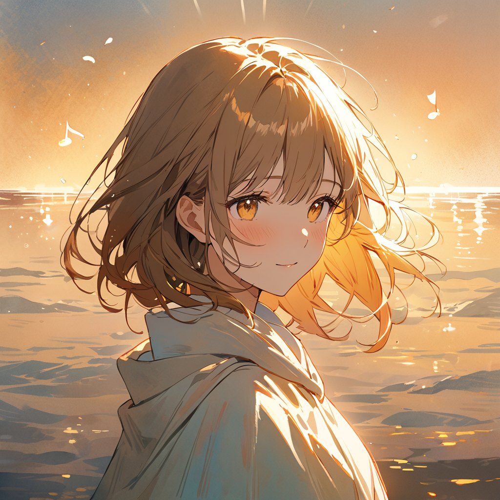 A young person by the water at golden hour, face full of quiet wonder, music notes drifting.