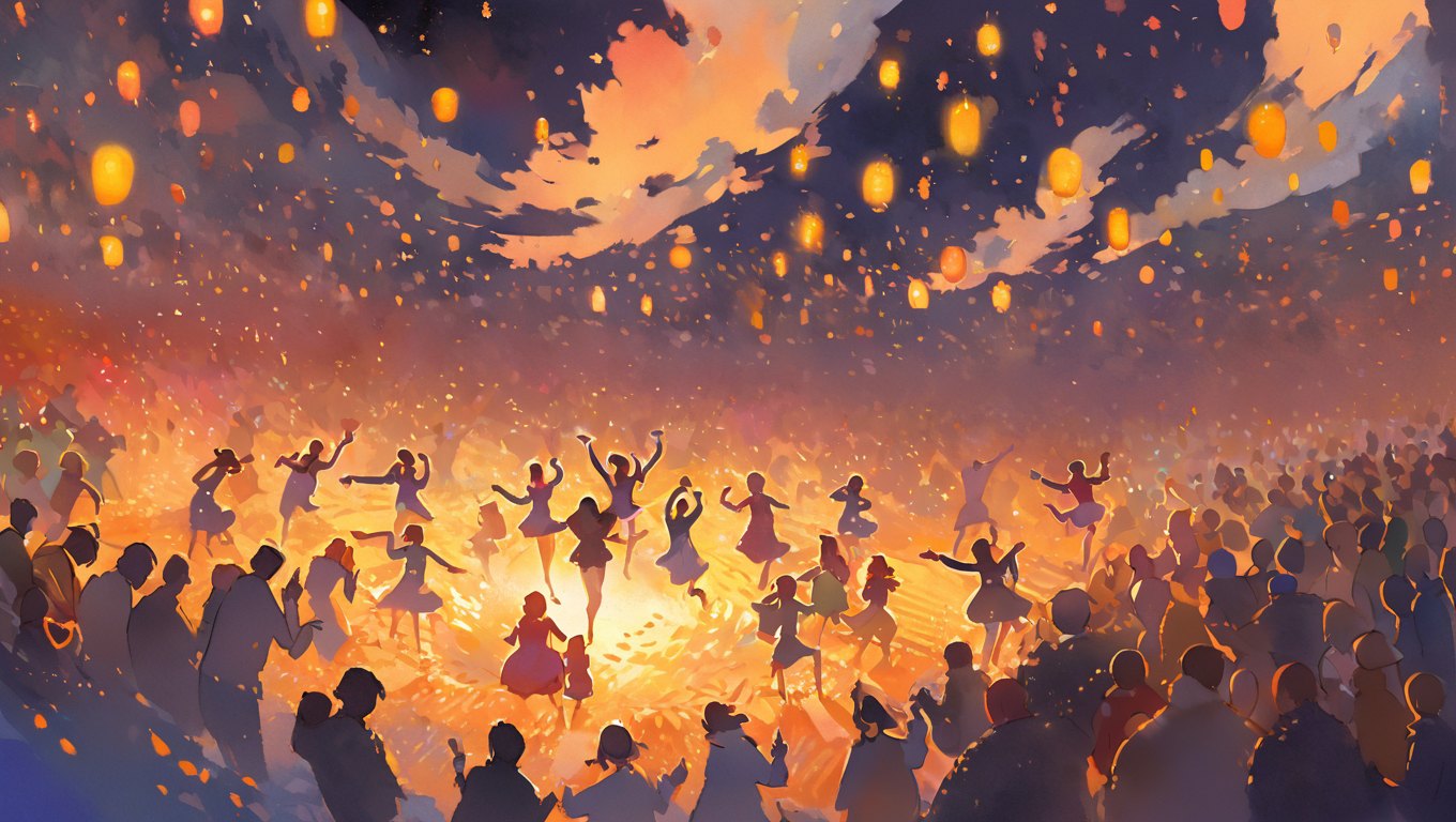 A large crowd dancing together around a glowing fire under floating lanterns at night.