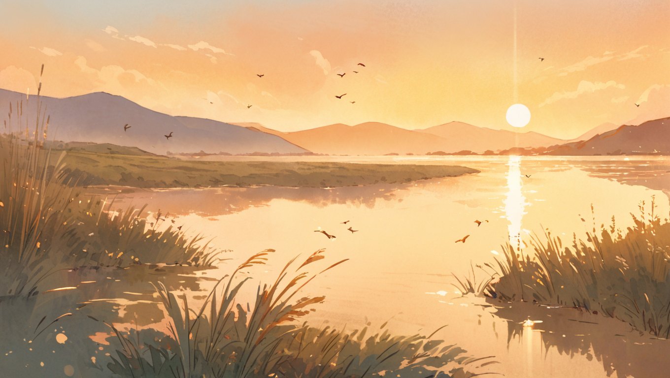 A calm river at dawn with reeds, distant mountains, and birds in a golden sky.