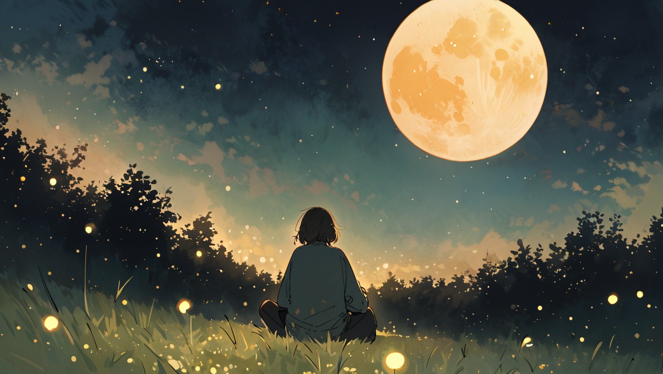 A person sitting alone on a grassy hill at night under a huge moon and fireflies, listening.