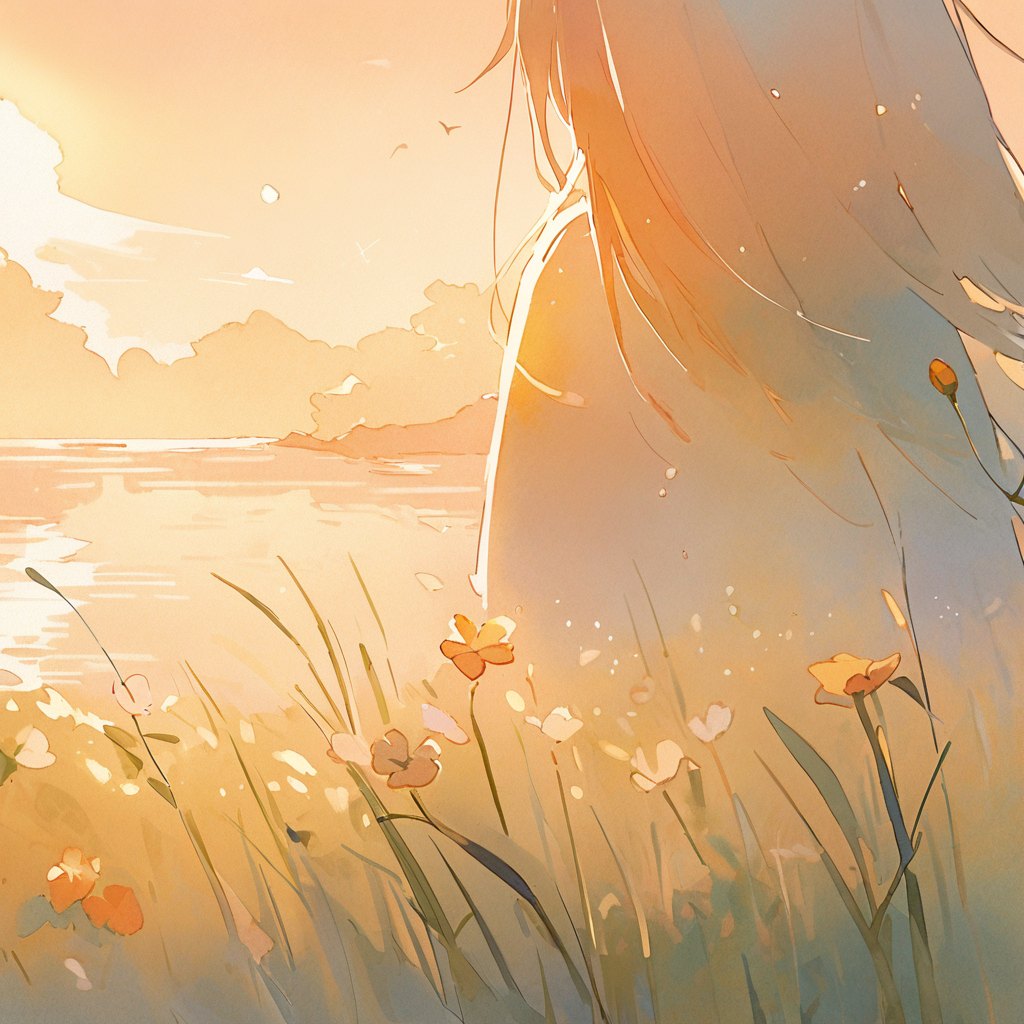 Riverside reeds and wildflowers at sunrise with a small bird.