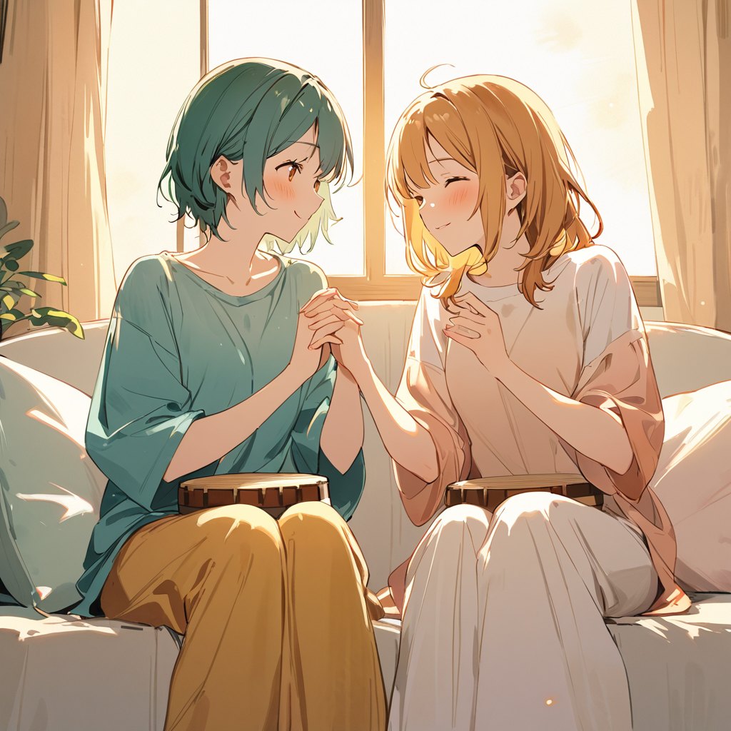 Two teenage friends sitting together with small hand drums, smiling and making music.