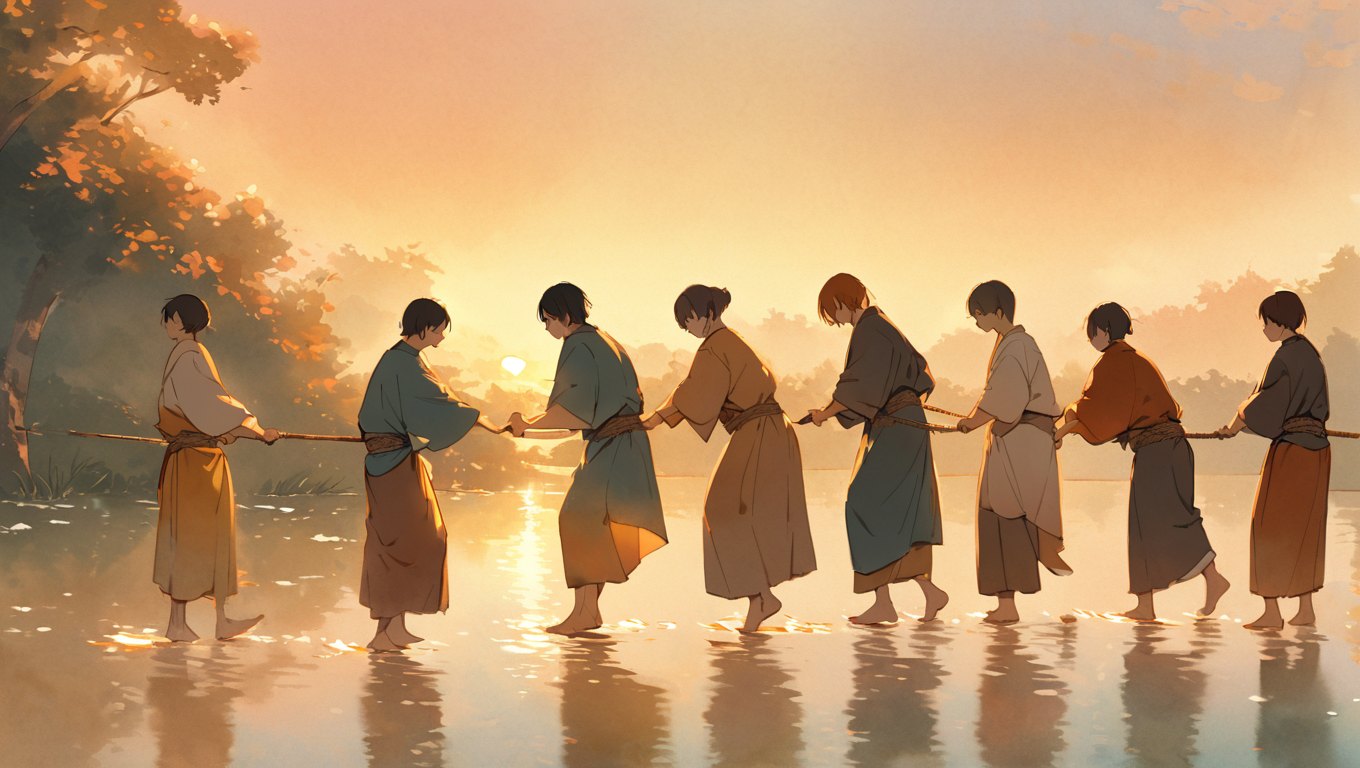 A line of workers hauling a rope together in unison along a misty river at dawn.