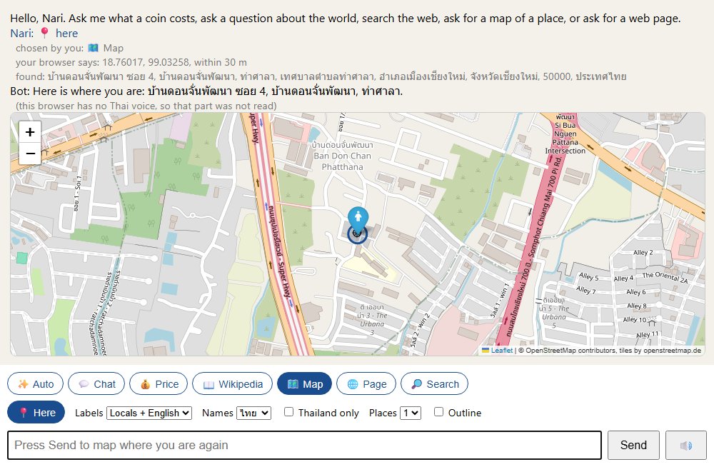 The chat page with Map and the Here switch on, labels set to Locals plus English and names to Thai: the answer gives a Thai address in Tha Sala, and the map shows a pin in a blue circle, with road names in Thai and English.