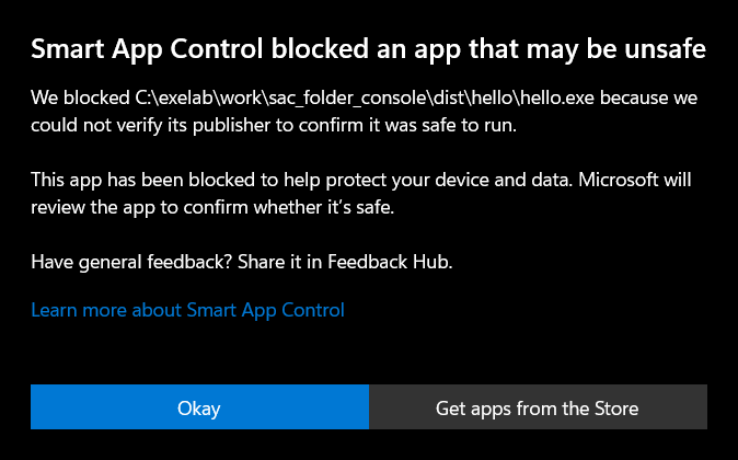 A Windows dialog box. Its title is: Smart App Control blocked an app that may be unsafe. The text says the app was blocked because its publisher could not be verified, and that Microsoft will review the app. The only buttons are Okay and Get apps from the Store.