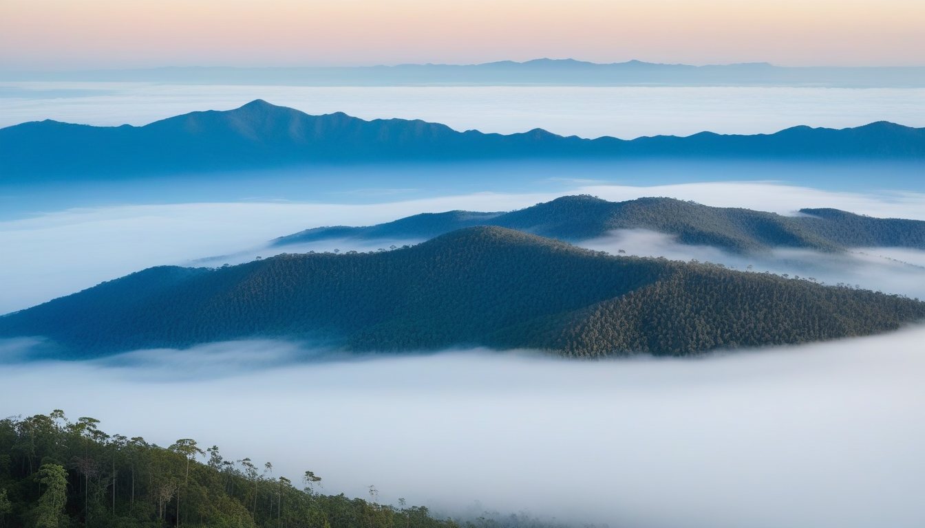 Forested ridges standing above a valley filled with cloud at first light, each ridge paler than the one in front of it.