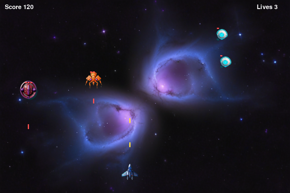 The finished game: a space background, a player ship at the bottom, three kinds of alien creep flying in from the left, and bullets