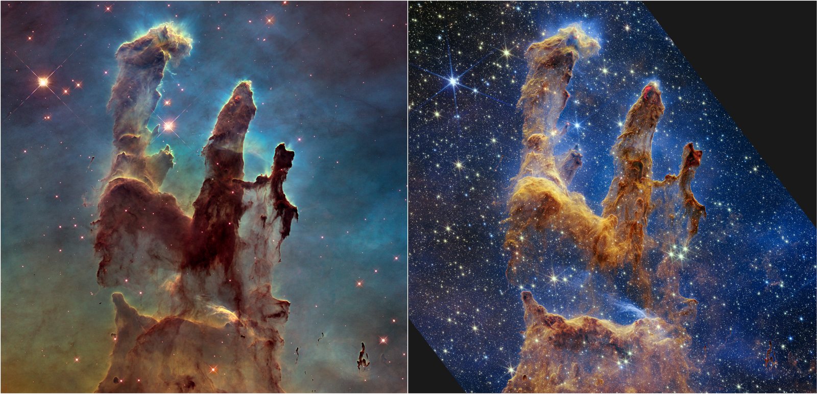 The Pillars of Creation twice: on the left in dusty blue and brown from Hubble, on the right in gold with far more stars from Webb