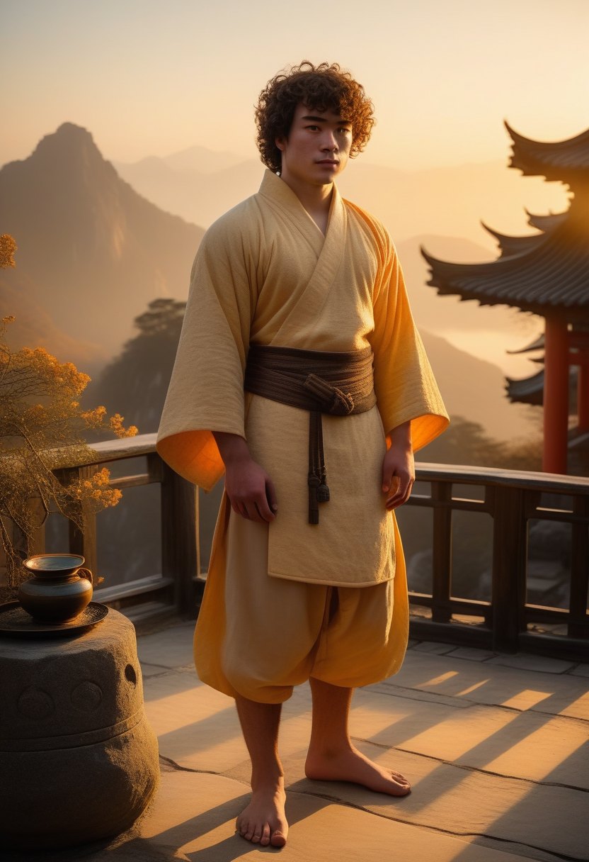 A halfling in temple robes, standing barefoot