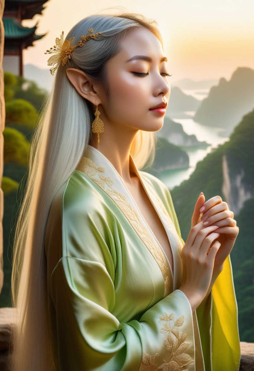 A living elf with pointed ears, listening at sunrise