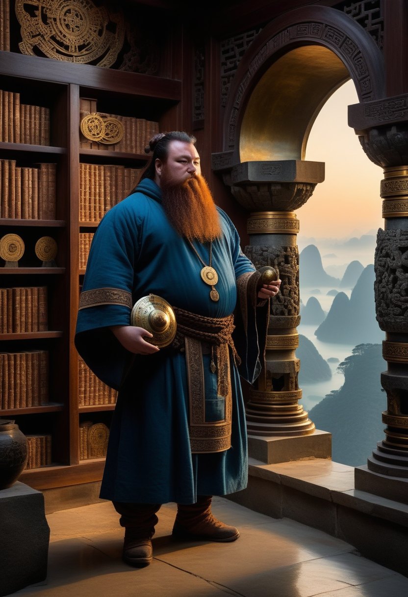A dwarf with a long braided beard in a stone library