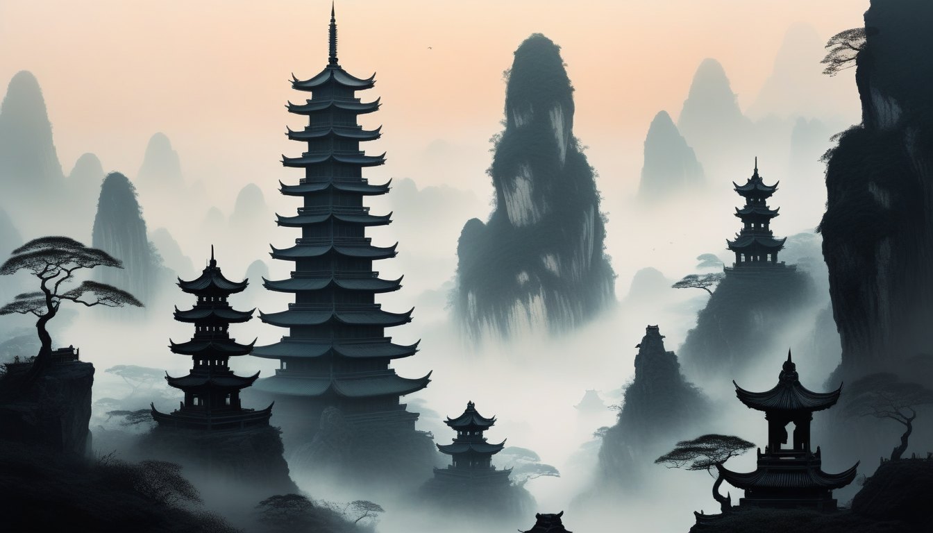 A black pagoda among dead blackened spires