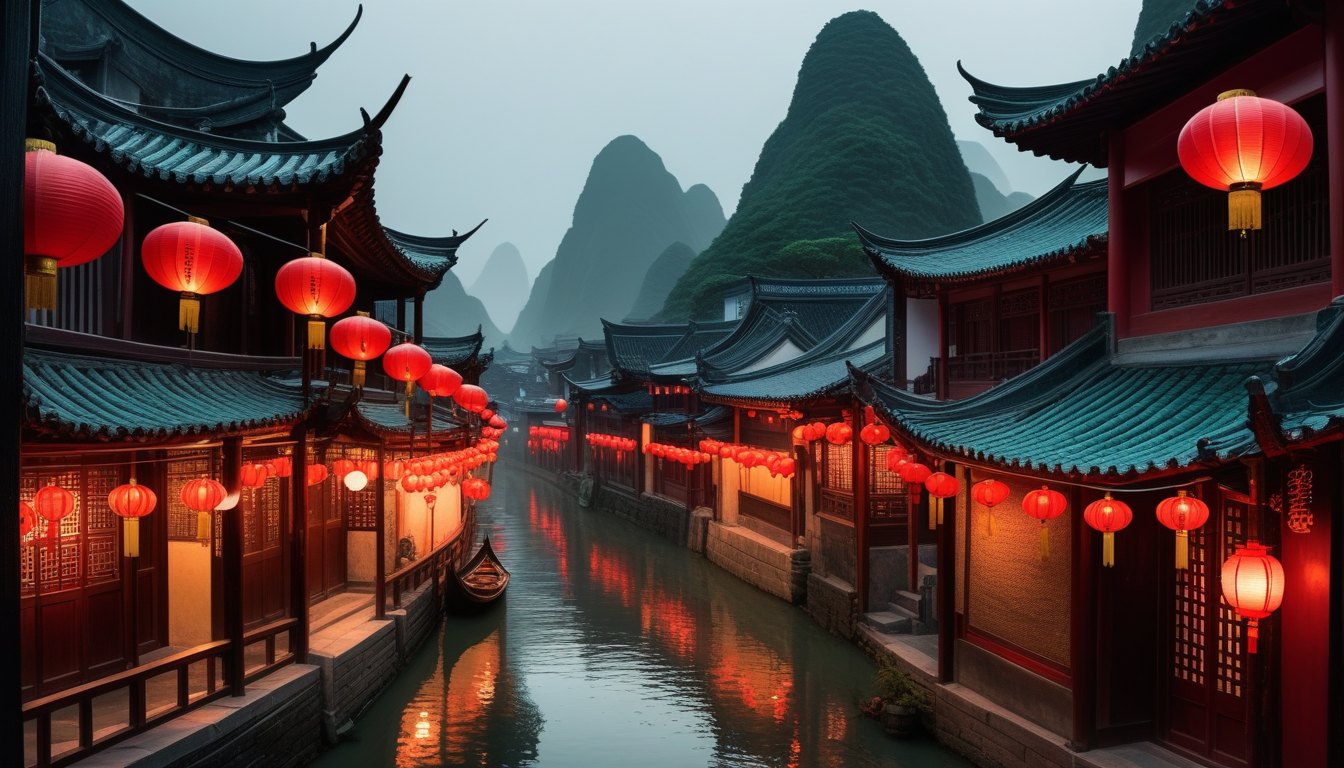 A human city lit by red lanterns at night