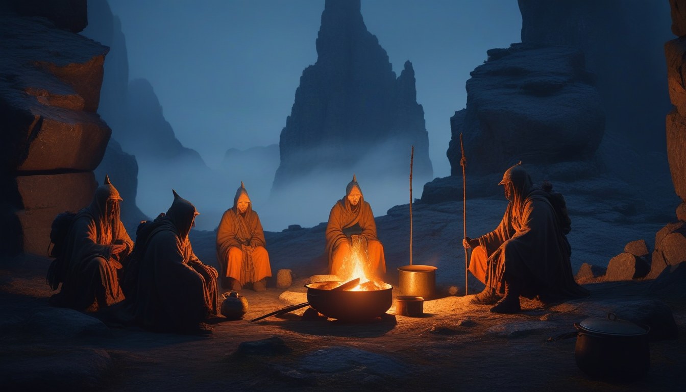 A campfire between limestone spires with dead figures walking out of the mist