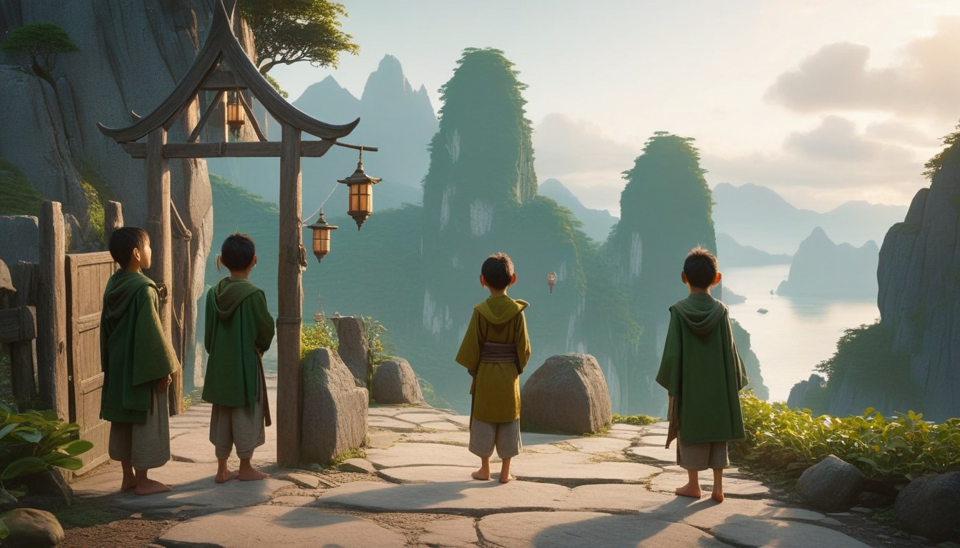 Five elven children arriving at a mountain village gate at dawn