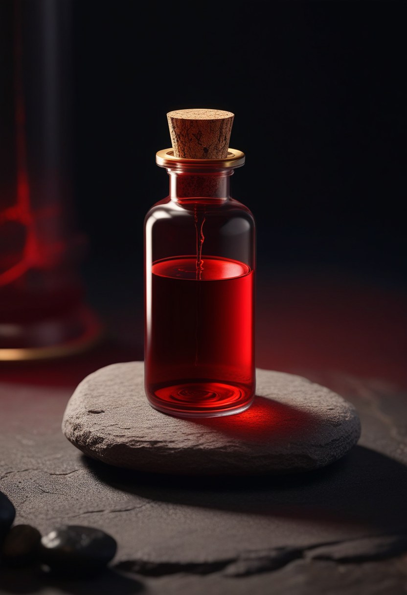 A small glass vial of dark red blood glowing faintly from within