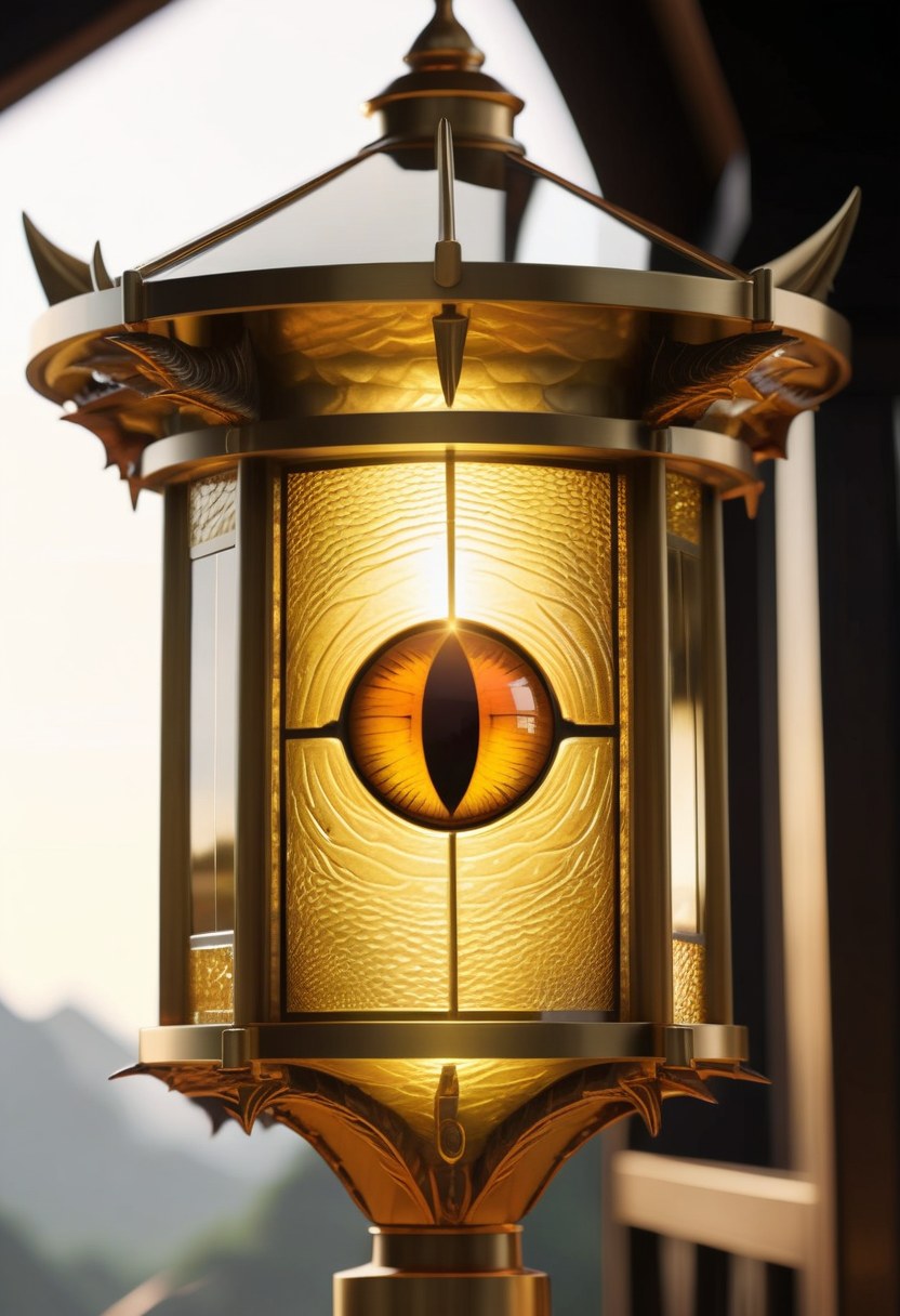 A brass and amber-glass lantern standing on a carved dragon-scale base