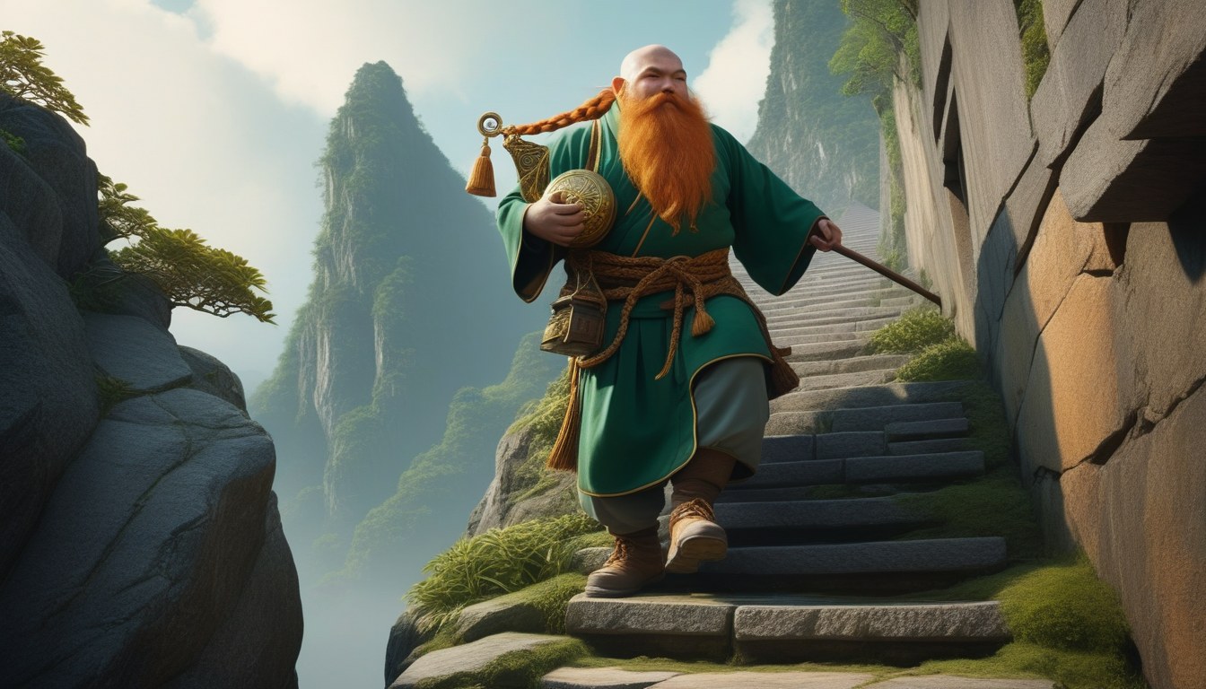 Enoch the dwarf wizard running up the mountain stair with his astrolabe