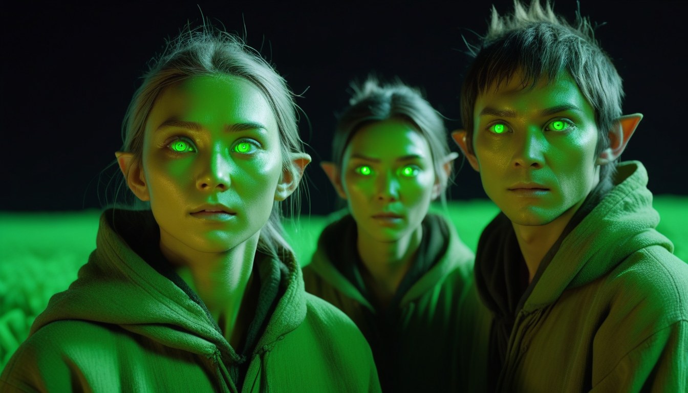 Elven farmers standing in the dark, their eyes glowing green