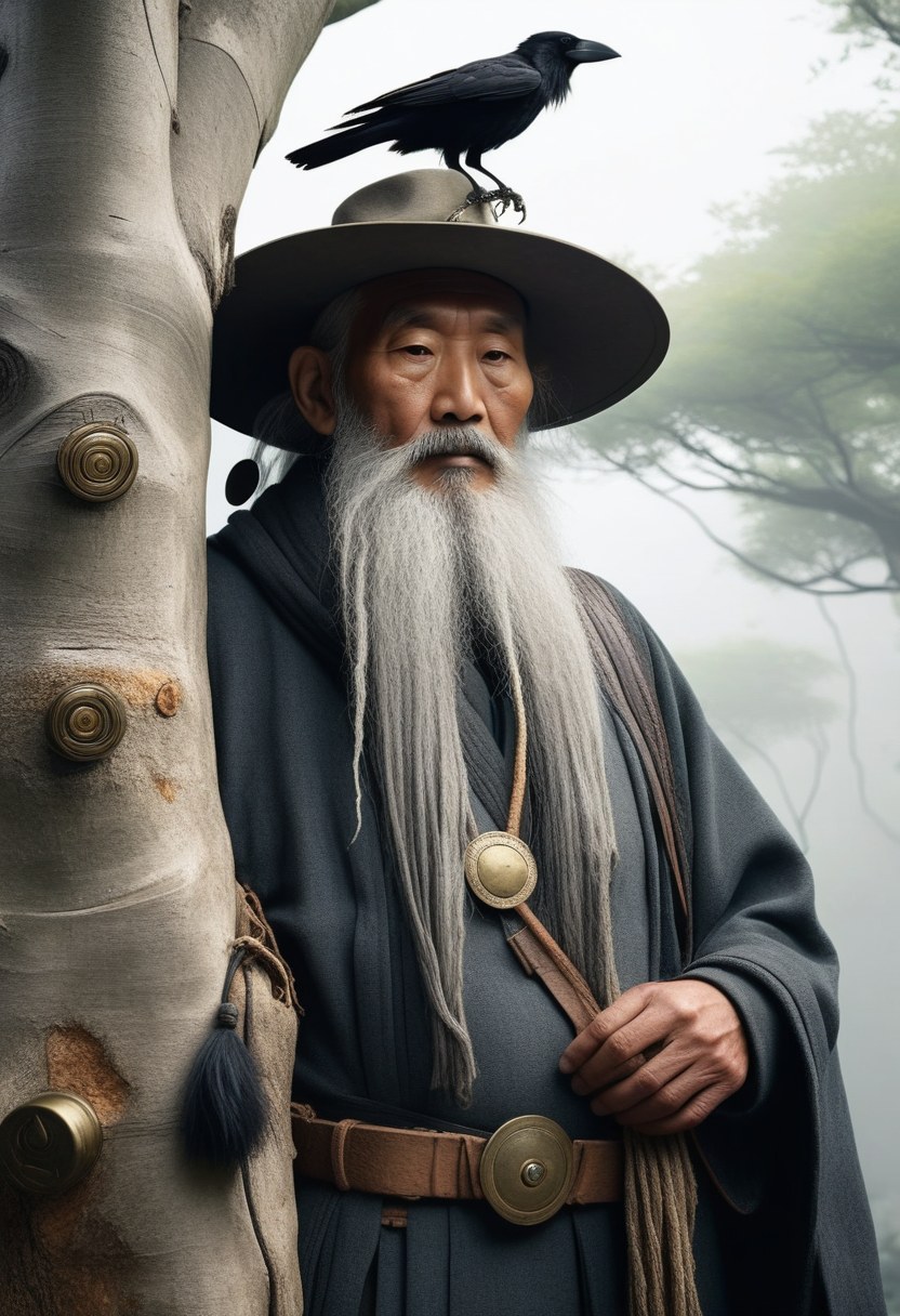 Greybeard Farwalker, a one-eyed old wanderer with a raven on his shoulder