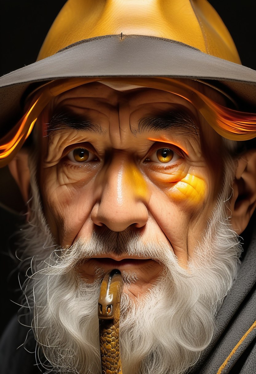 Greybeard close up: a brass-rimmed amber dragon eye where his lost eye was
