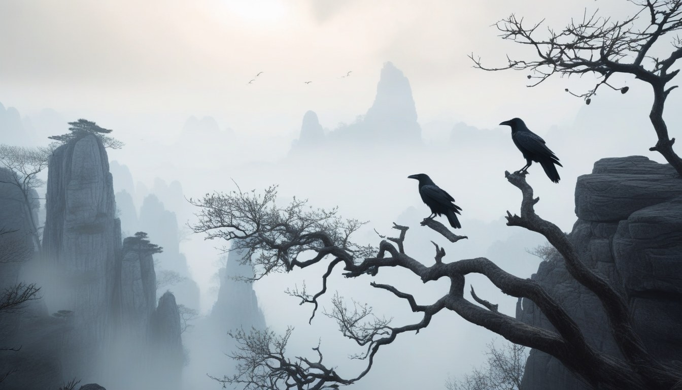A great bare branch full of ravens against a pale misty sky