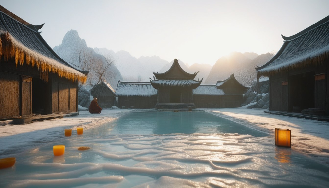 An open lantern on a frozen street spilling warm dawn light on figures lying in it