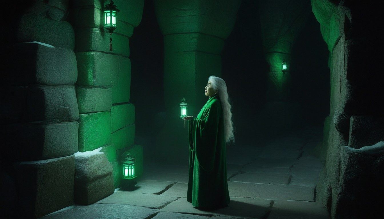 Granny Yulan holding a green lantern in a courtyard hung with green lanterns
