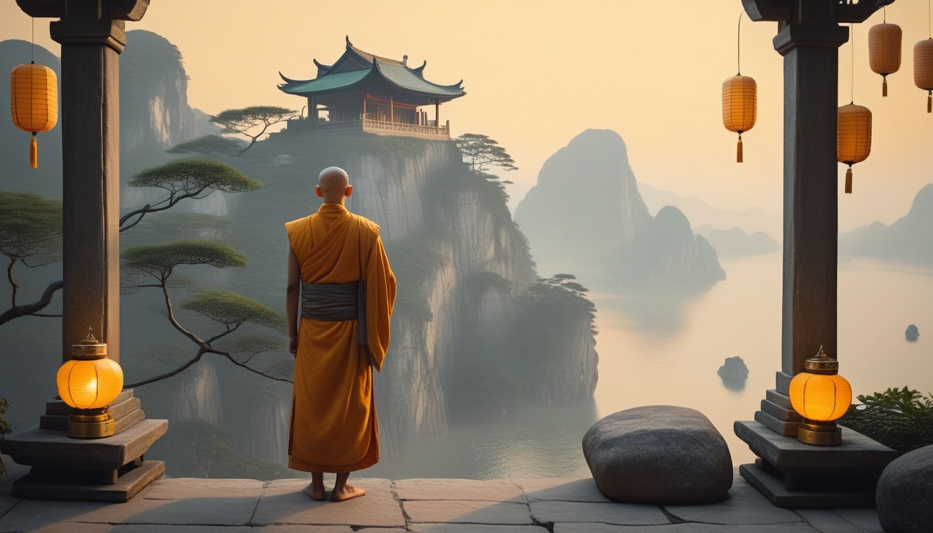 Master Yun on the shrine terrace at sunrise