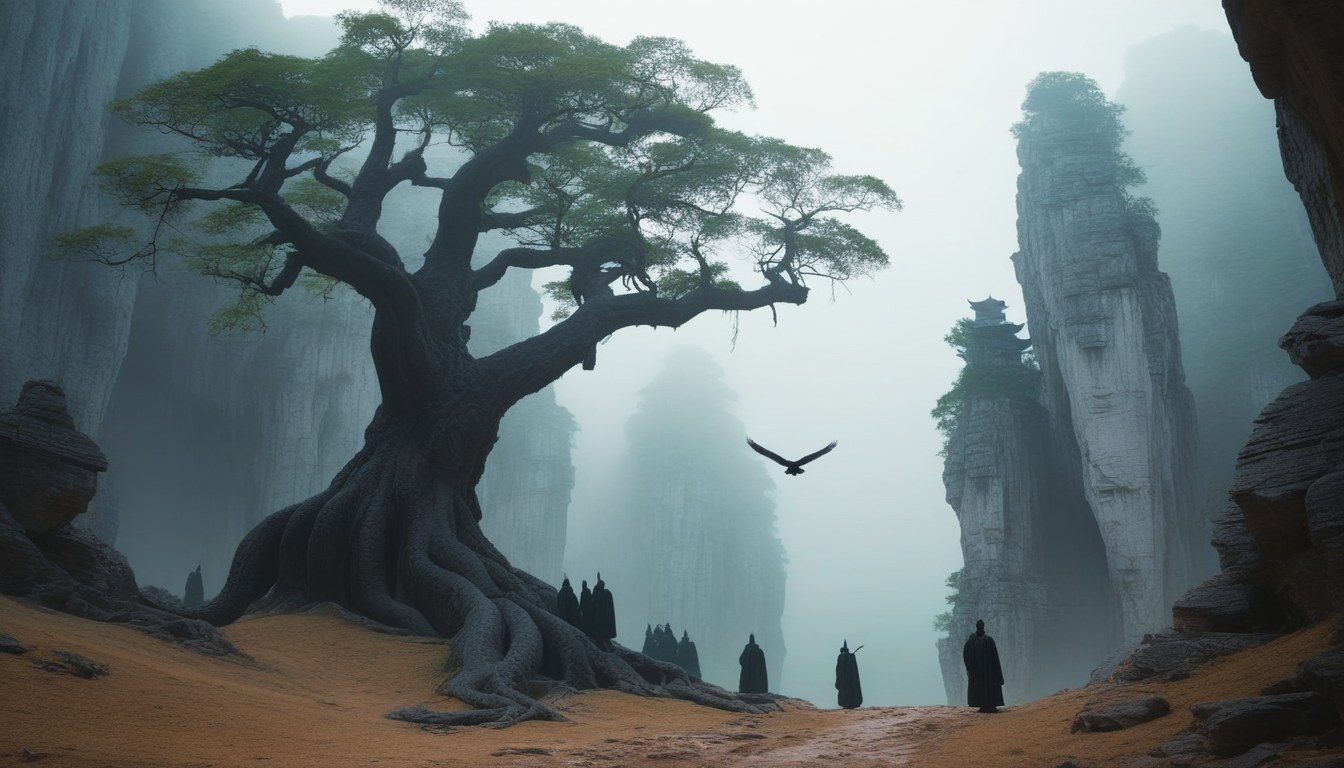 An enormous ancient tree full of ravens in a valley of limestone spires