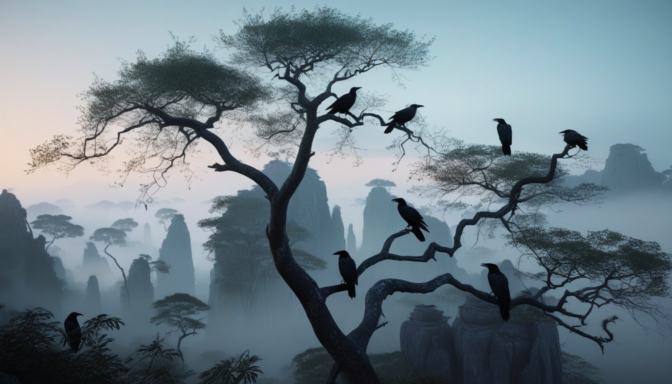 Nine enormous ravens perched along a branch at twilight