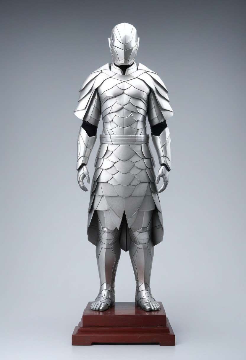 A suit of armour made of overlapping silver dragon scales on a stand