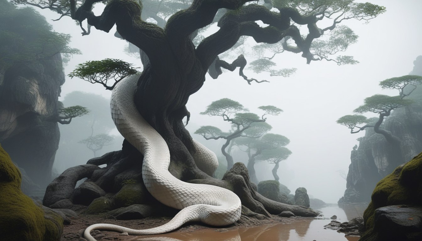A colossal pale blind serpent rearing among the roots of the great tree