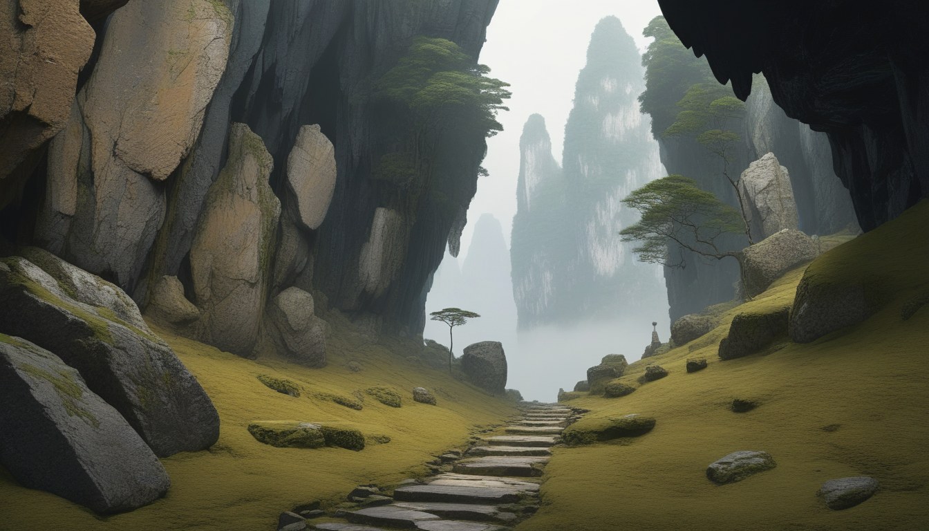A mountain path splitting, one branch climbing, one dropping into a cave mouth