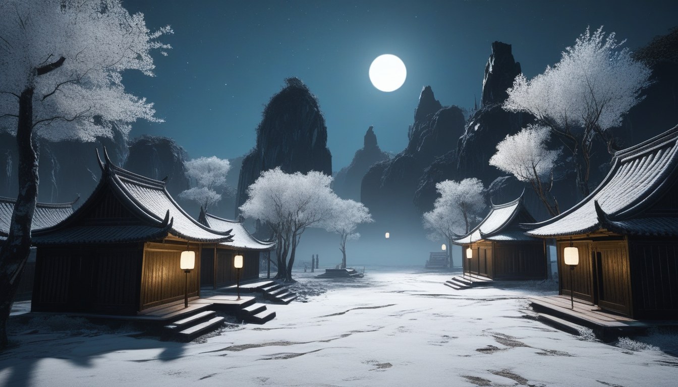 A ruined elven village under a starless black sky, thick with frost