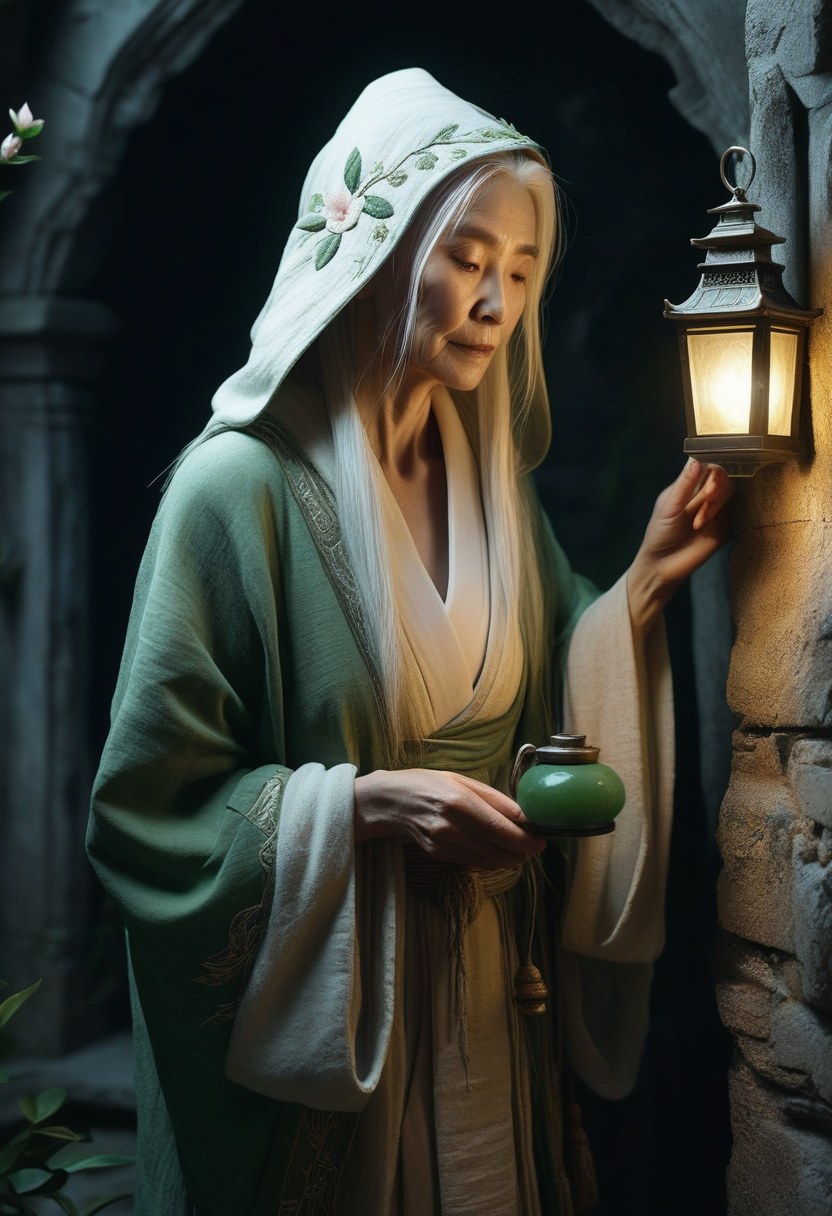 Granny Yulan, a very old elven woman holding a dim green lantern