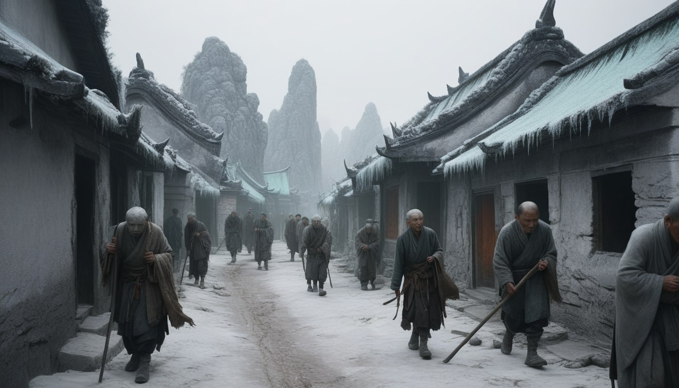 A crowd of grey corpses walking together down a frozen village street