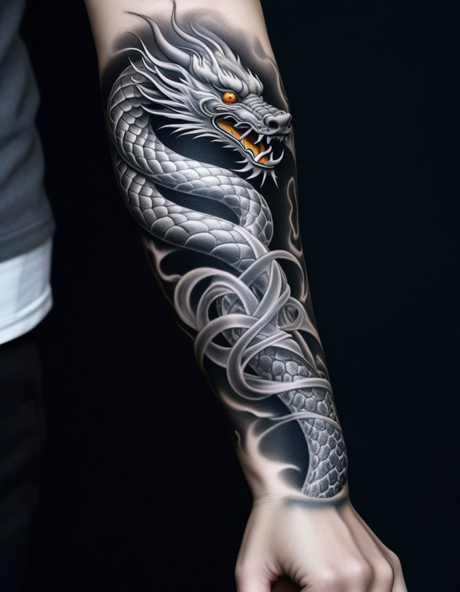 A silver dragon tattoo coiling up a bare arm, with yellow eyes and smoke at its nose