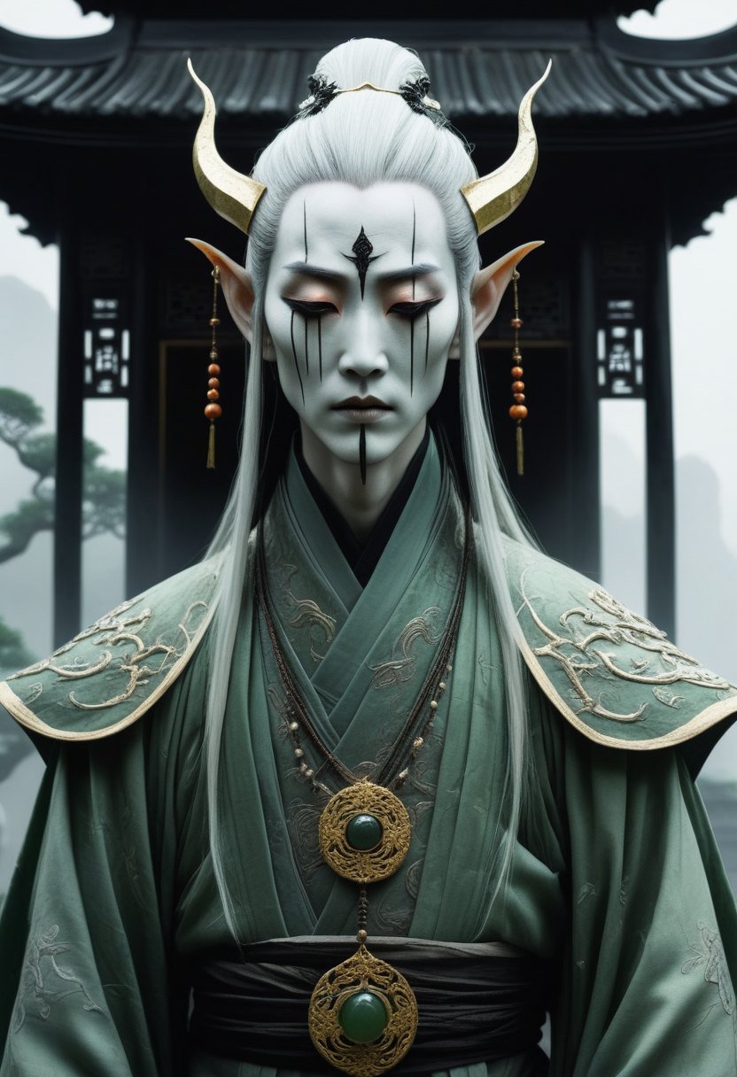 A pale elven lich in green silk robes