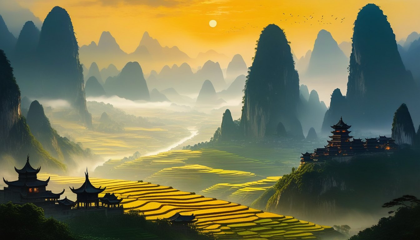 A valley of limestone spires at sunrise