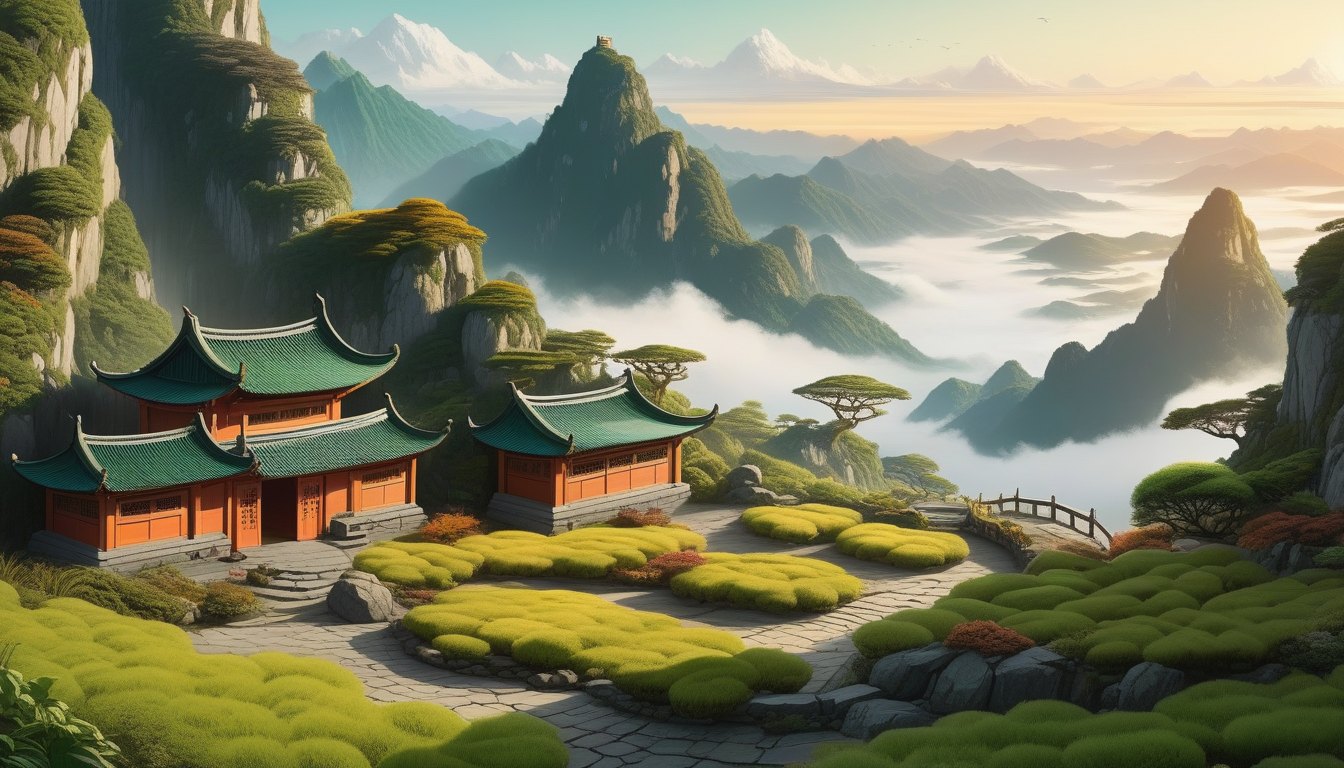 A halfling village on a mountain summit above the clouds