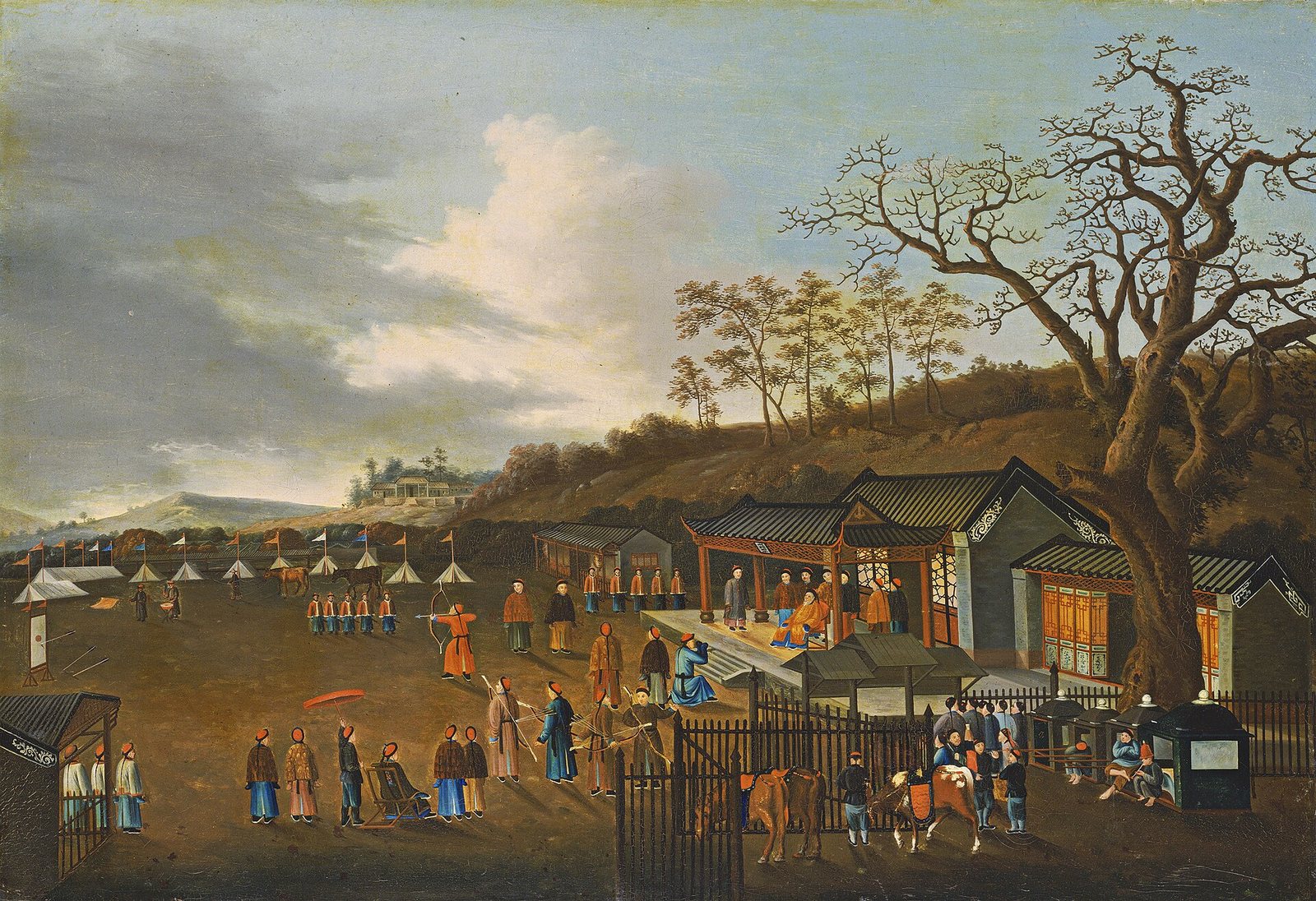 A Qing-dynasty painting of an archery examination ground, with archers shooting before seated officials