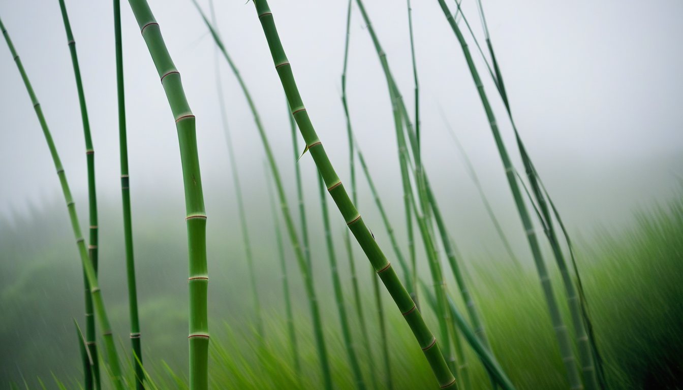 Green bamboo stalks leaning and curved over under a strong wind